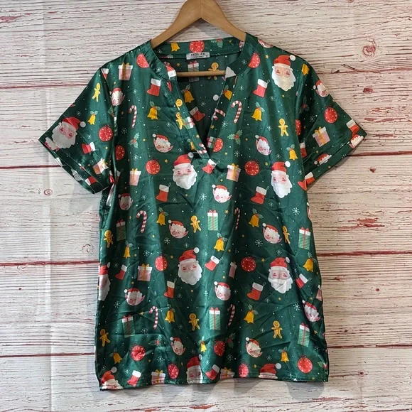 Ekouaer Satin Pajama Set in Green Santa Christmas Print Sz M - Picture 2 of 12